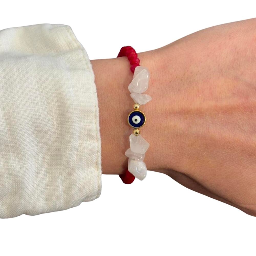 Red Evil Eye Beaded Bracelet Gold Tone Adjustable Handmade - Picture 2 of 4
